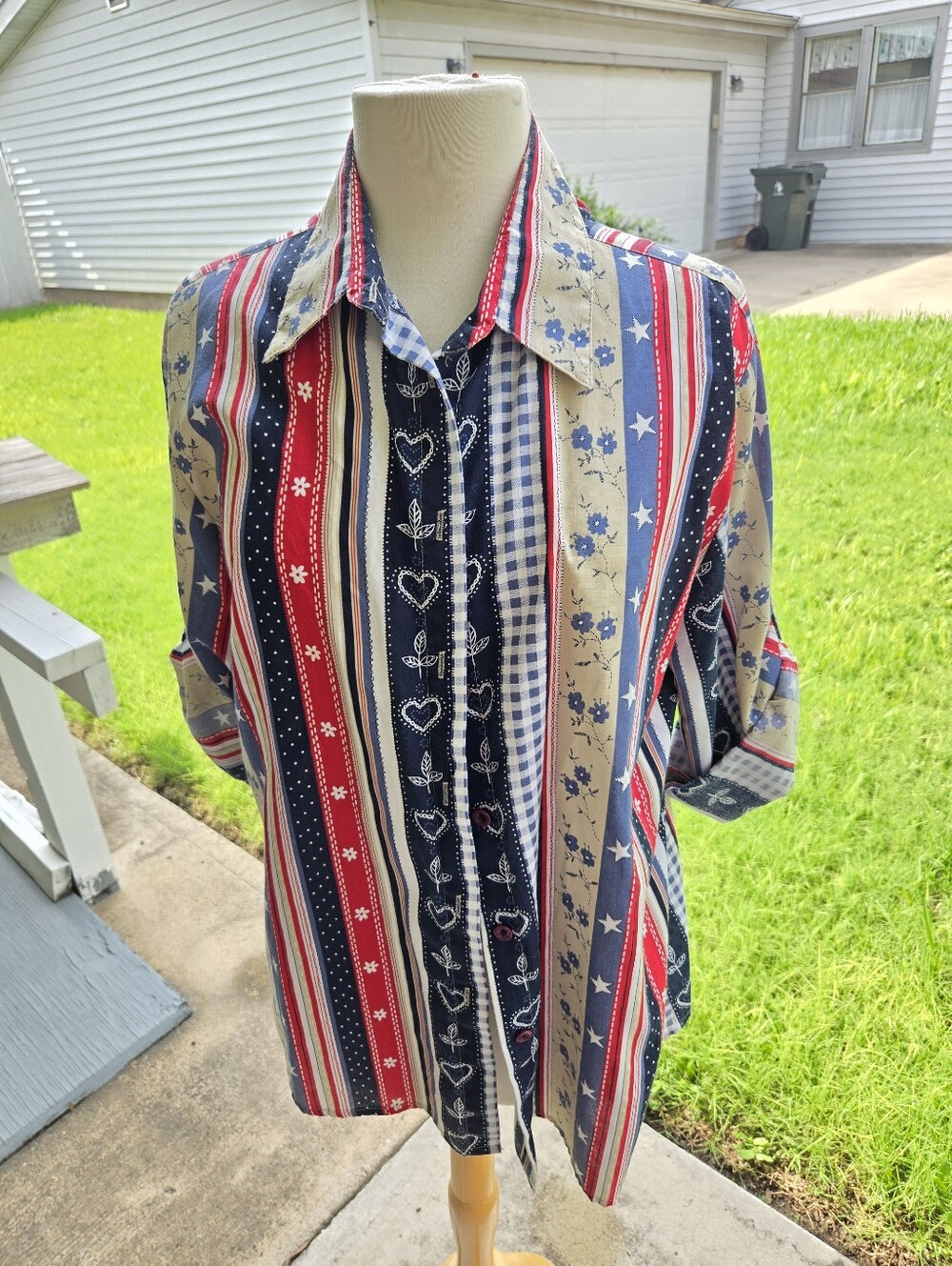 Tapestry:Patriotic Stripe & Floral Button-Up Shirt - Red, Navy, Beige